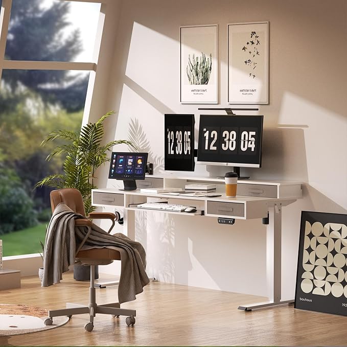 Electric Standing Desk, Multifunctional Standing Desk Adjustable Height, 55 * 24 Standing Desk with 4 Drawers, Ergonomic Adjustable Standing Desk with Keyboard Tray, Snow White