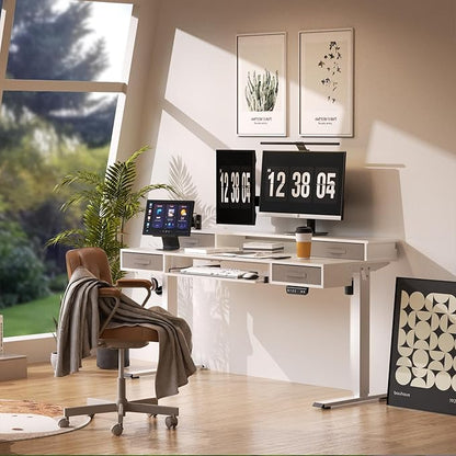 Electric Standing Desk, Multifunctional Standing Desk Adjustable Height, 55 * 24 Standing Desk with 4 Drawers, Ergonomic Adjustable Standing Desk with Keyboard Tray, Snow White