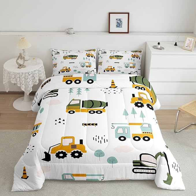Feelyou Excavator Kids Comforter Construction Trucks Comforter Set for Boys Teens Heavy Vehicles Decor Bedding Set Cartoon Cars Green Orange Quilt Set with 2 Pillowcases 3Pcs Bedding King