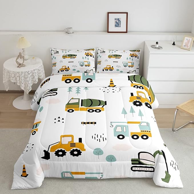 Excavator Kids Comforter Construction Trucks Comforter Set for Boys Teens Heavy Vehicles Decor Bedding Set Cartoon Cars Green Orange Quilt Set with 2 Pillowcases 3Pcs Bedding Full