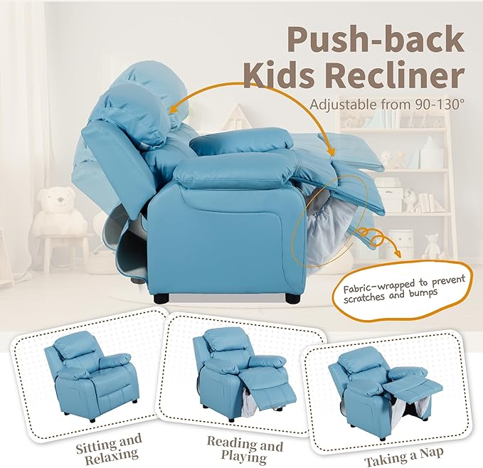 JC Home MACARON Kids Chair Leather Recliner Sofa Toddler Youth Children Child Ages 3-7, Small, Babyblue