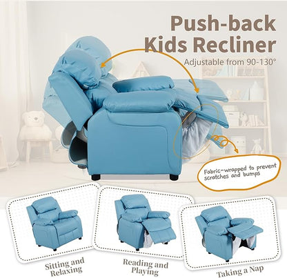 JC Home MACARON Kids Chair Leather Recliner Sofa Toddler Youth Children Child Ages 3-7, Small, Babyblue