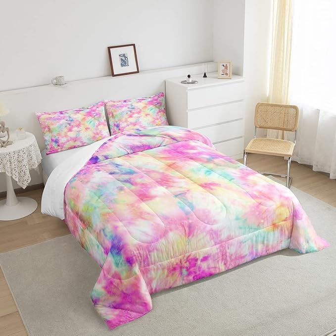 Erosebridal Kids Tie Dye Comforter Set, Bohemian Batik Down Comforter King Size, Boho Psychedelic Bedding Comforters for Children Girls Boys Teens Bedroom, Trippy Tattoo Watercolor Quilted Duvet