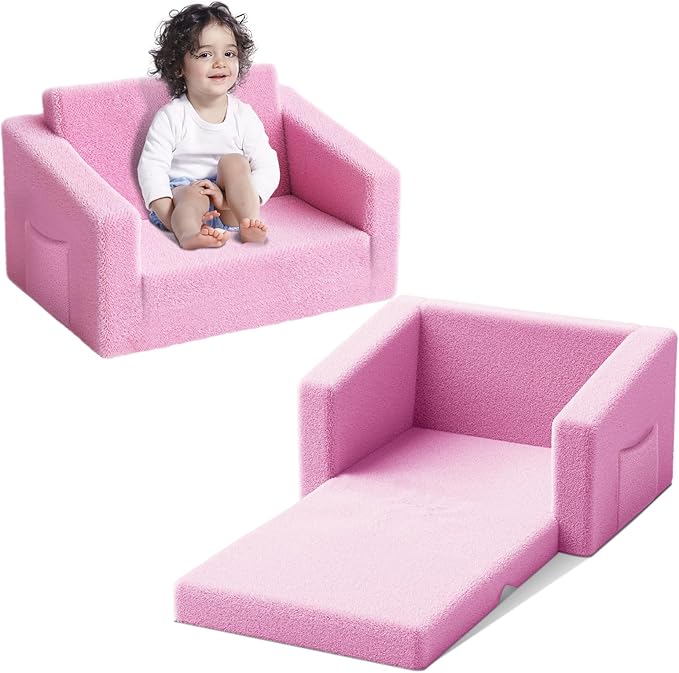 Kids Couch,2-in-1 Toddler Chairs for Girl,Kids Sofa with Storage,Comfortable Kids Sofa Bed,Fun Kids Lounge Chair,Toddler Furniture,Kids Playroom,Children'S Gifts (Pink)