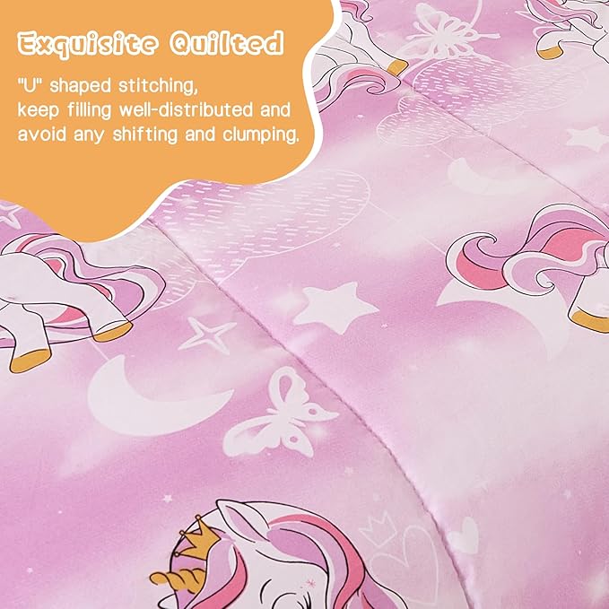 Unicorn Kids Comforter Set for Girls Twin, Cute Reversible Quilted Lavender Printed Bedding Set with Pillow Sham, Lightweight Soft Breathable Machine Washable Bed Set 2 Piece