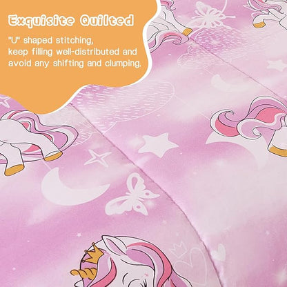 Unicorn Kids Comforter Set for Girls Twin, Cute Reversible Quilted Lavender Printed Bedding Set with Pillow Sham, Lightweight Soft Breathable Machine Washable Bed Set 2 Piece
