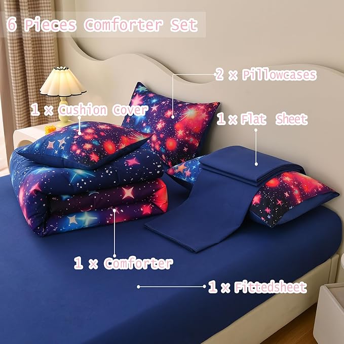 DORCAS Star Twin Size Comforter Sets with Sheets for Girls Kids,6 Piece Starry Sky Girls Bedding Sets Twin,All Season Down Bed in a Bag(Colorful,Twin)