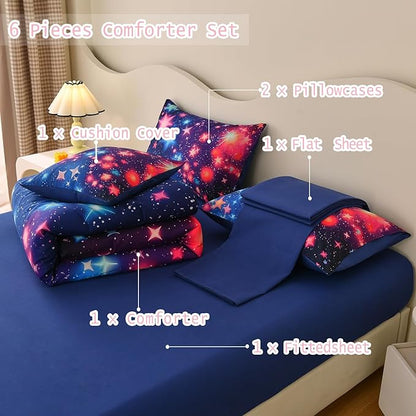 DORCAS Star Twin Size Comforter Sets with Sheets for Girls Kids,6 Piece Starry Sky Girls Bedding Sets Twin,All Season Down Bed in a Bag(Colorful,Twin)