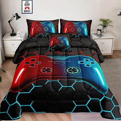 5 Pieces Bed in a Bag for Boys Bedding Sets Twin Size,Gamer Comforter Sets for Boys Kids, Gaming Comforter Set for Boys Room Decor with Flat Sheet,Fitted Sheet,Pillowcase,Cushion Cover
