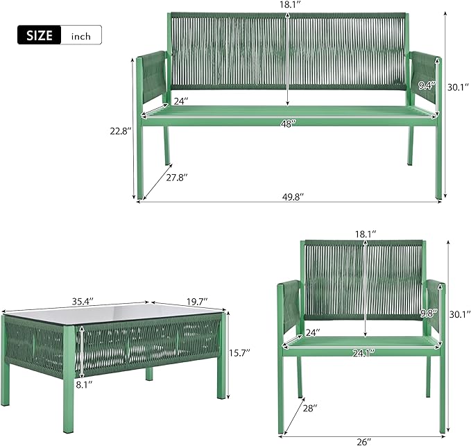 4-Piece Patio Conversation Furniture Set, Rope Weave Outdoor Loveseat Sofa with 2 Armchairs, Thick Cushion&Tempered Glass Table, for Garden Backyard, Onesize, Fluorescent Yellow+Green