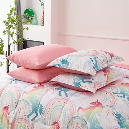 Queen Comforter Set for Girls, 7 Pieces Bed in a Bag, Colorful Unicorn Bedding Comforter Sheet Set, Ultra Soft and Fluffly, Pink & Rainbow Color, Colorful Bed in a Bag for Girls
