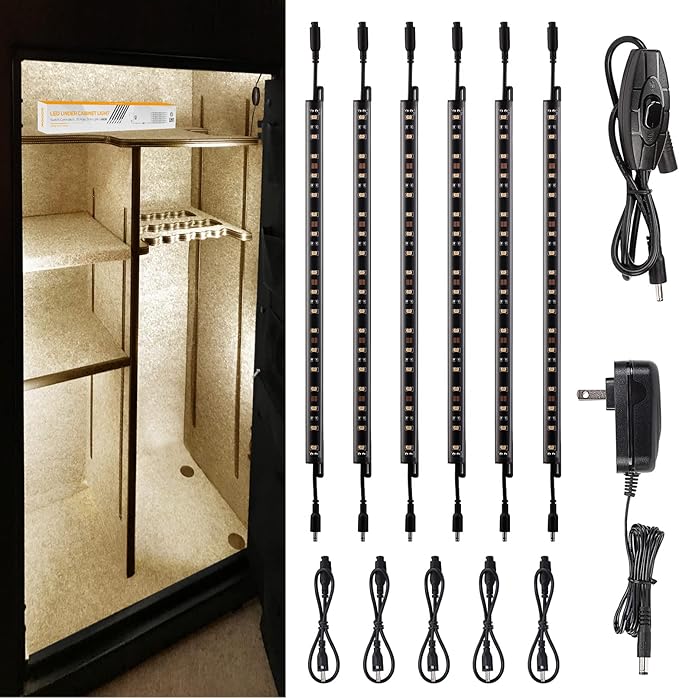 TORCHSTAR LED Safe Lighting Kit, (6) 12 Inch Linkable Light Bars + Rocker Switch + UL Power Adapter, 900LM, Input 100-240V, for Under Cabinet Gun Safe Locker Closet Showcase, 3000K Warm White