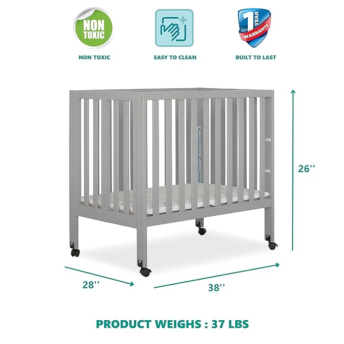 Jett Non-Full Size Folding Convertible Crib, Lightweight Portable Crib, Three Adjustable Mattress Height Settings, Easy to Fold Travel Crib, 1.5” Mattress Pad Included