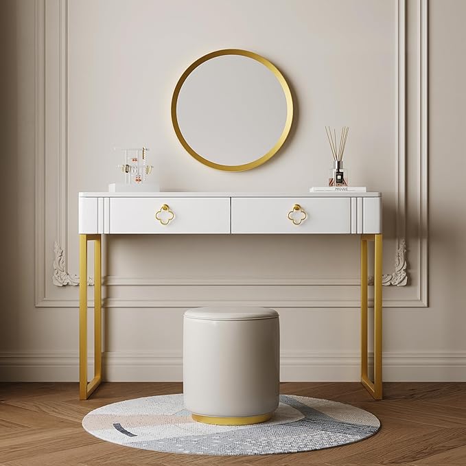 White Desk with Drawers,Modern Laptop Table with gold metal legs,43 inch Makeup Vanity Small Desk with Storage, Stylish & Functional Computer Desk Work Stations for Home Office