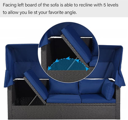 Patio Rectangle Daybed with Retractable Canopy and Lift Up Side Table, PE Rattan Wicker Outdoor Furniture Sectional Sofa Set Sunbed w/Ottoman for Garden, Onesize, Grey Rattan&Blue Cushions