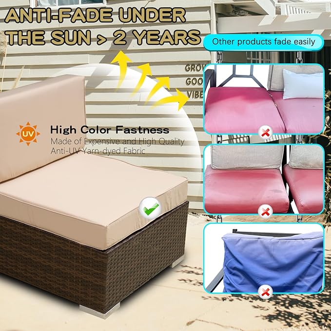 ClawsCover 14Pack Outdoor Patio Seat and Back Cushions Replacement Covers Fit for 7Pieces 6-Seater Wicker Rattan Sectional Couch Chair Furniture Set,Light Khaki-Include Cover Only (Large)