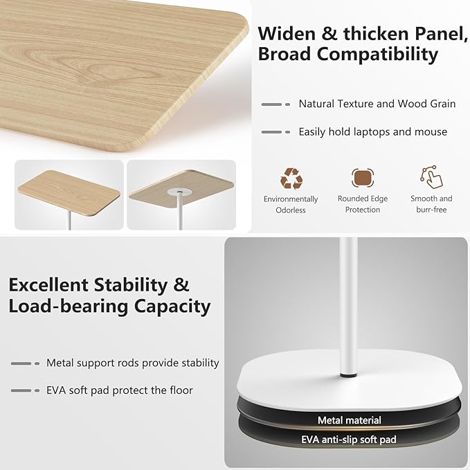 Portable Laptop Floor Stand, Bedside/Sofa Table with Height Adjustable 18''~47'', Stylish Movable Workstation Floor Standing Desk for Office, Meeting Room, living room Easy Assembly, White