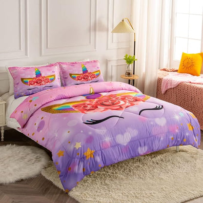 Unicorn Twin Bedding Sets for Girls Kids Comforter Set Twin Size with 2 Pillowcases Purple Unicorn Room Decor for Girls Bedroom Ultra Soft Machine Washable Toddler Bed Set