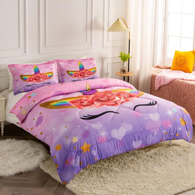 Unicorn Queen Bedding Sets for Girls Kids Comforter Set Queen Size with 2 Pillowcases Purple Unicorn Room Decor for Girls Bedroom Ultra Soft Machine Washable Toddler Bed Set