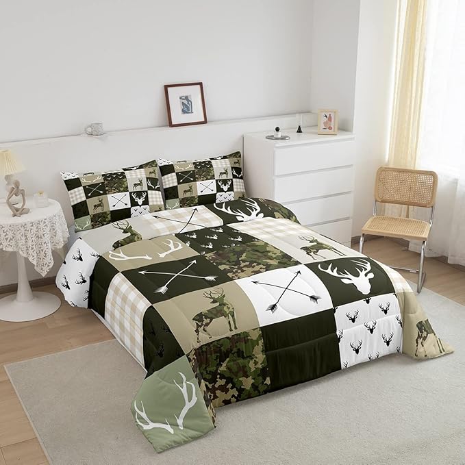 Kids Deer Antler Animal Comforter Set King Size,Army Green Camo Xmas Bedding Set,Girls Boys Adults Bedroom/Cabin Decor,Plaid Patchwork Retro Down Comforter,Boho Arrows Duvet Insert,3pcs,2 Pillowcases
