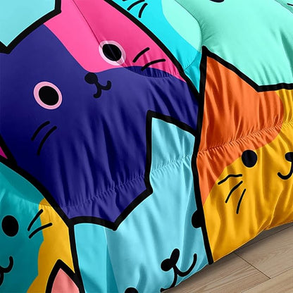 Cat Comforter Set Twin - Twin Size Comforter Set for Girls Cat Kids Cute Cat Bedding Twin Colorful Cartoon Cat Theme Bedding Sets, 1 Comforter+1 Pillowcase