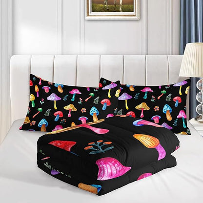 Colorful Mushroom Comforter Set Full Size Kids Mushroom Flora Bedding Set Botanical Plant Theme Print Quilt Bed Set for Boys Girls Adults with 1 Comforter and 2 Pillowcases