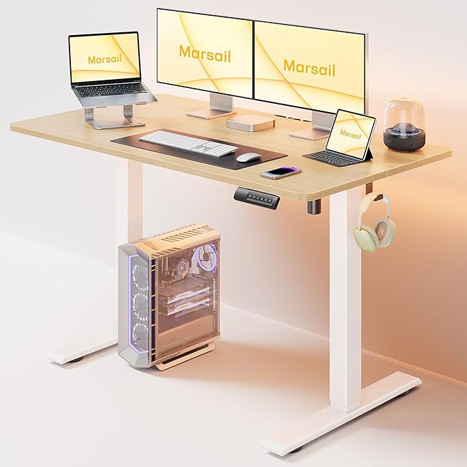 Marsail Electric Standing Desk, 48 * 24 Inch Height Adjustable Sit Stand up Desk with 3 Memory Preset, Headphone Hook Computer Desk Workstation for Home Office, Treadmill Pad