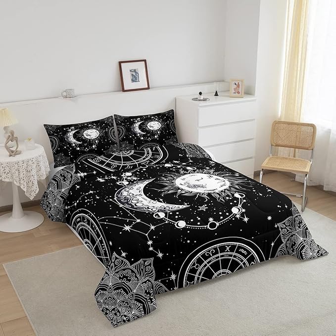 Sun and Moon Bedding Set Constellation Galaxy Comforter Set for Kids Boys Girls Teens Psychedelic Boho Mandala Comforter Breathable Celestial Duvet Set Black White Room Decor Quilt Cover Queen Size