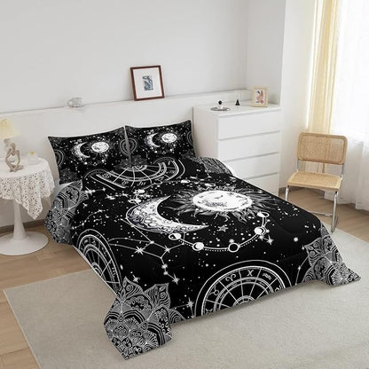 Sun and Moon Bedding Set Constellation Galaxy Comforter Set for Kids Boys Girls Teens Psychedelic Boho Mandala Comforter Breathable Celestial Duvet Set Black White Room Decor Quilt Cover Queen Size