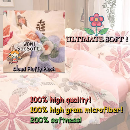 MorroMorn Twin Bedding Sets, Pink Floral Duvet Cover Set, Fluffy Comforter Covers, Colorful Flowers Blanket Ultra Soft Kawaii Cute for Girls Toddler Kids Teen Women Twin/Twin XL Size