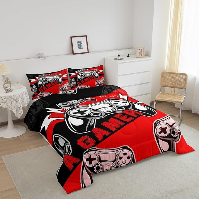 Erosebridal Gaming Comforter Sets for Boys Kids Gamer Comforter Set,Video Game Bedding Set Red Black Gamepad Quilt Duvet Set Men Boys Bedroom Decor,King Size 3Pcs