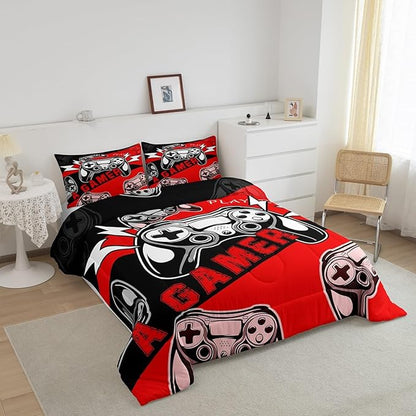 Erosebridal Gaming Bedding Sets for Boys Gamer Comforter Set Queen Size,Video Gaming Bedding Set Game Console Kids Comforter Sets 3Pcs Gamer Room Decor,Red Black