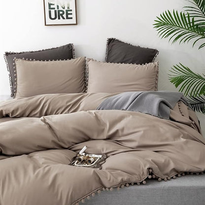 Deep Champagne Comforter Set Full Pom Pom Fringe Comforter 3 PCs Soft Taupe Boho Ball Pom Pom Full Comforter Bedding Women Men Solid Dark Khaki Full Bed Comforter Set All Season Gift