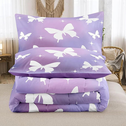 Tailor Shop Butterfly Comforter Sets Queen Size,Purple Butterfly Bedding Sets for Girls Kids Teens with 2 Pillowcase…