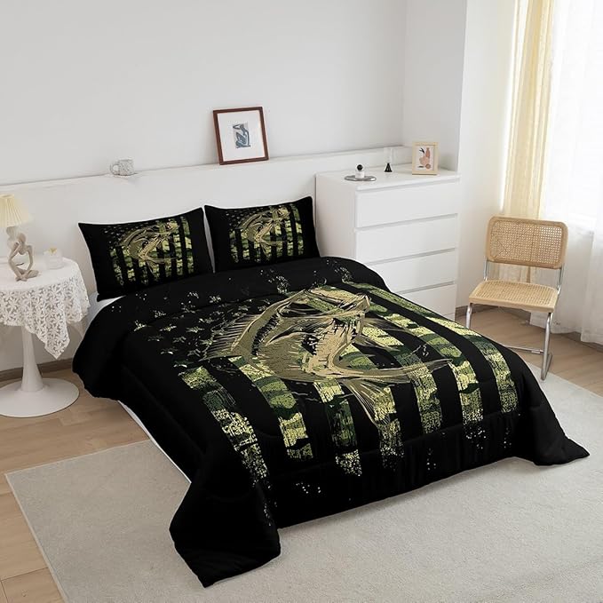 Bass Fish Camouflage Comforter Set King Pike Fish Camo Bedding Set for Women Men Room Kids Farmhouse Fishing Decor Comforter Fishman Wild Quilt Set Down Comforter Green Black King Size