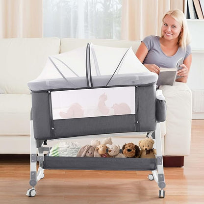 4 in 1 Baby Bassinet, Rocking Bassinets Bedside Sleeper with Comfy Mattress and Wheels, Height Adjustable Easy Folding Portable Bedside Crib for Newborn Infant,Dark Gray
