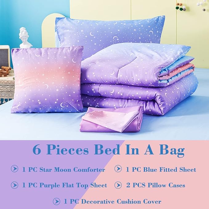 URBONUR Girls Comforter Set Queen 6PCS Gradient Purple Orange Glitter Moon Star Printed Bed in a Bag Soft Breathable Bedding Set for All Season (Star, Queen Size)