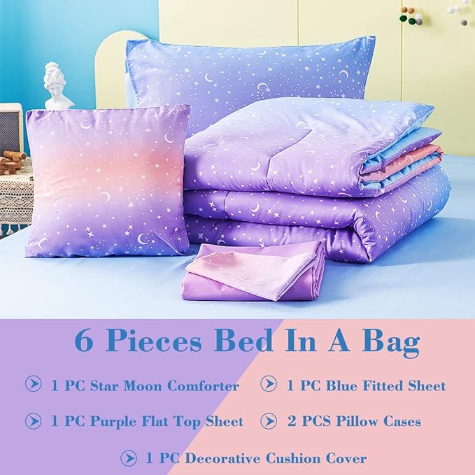 URBONUR Girls Comforter Set Full Size Gradient Purple Orange Moon Star Print Bedding Comforter with Sheets Set 6 Pcs Bed in A Bag (Comforter, Flat Sheet, Fitted Sheet, Pillowcases and Cushion Cover)