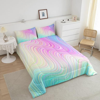 Pastel Rainbow Comforter Set with Pillowcases Abstract Wave Stripes 3D Printed Designs 3 Piece Bedroom Duvet Set Psychedelic Girl Bed Down Comforter for Kids Women Dorm Room (King,Coulourful Marble)