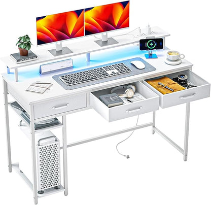 Computer Desk with Drawers and Storage Shelves, Home Office Desk with LED Lights & Power Outlets, Gaming Desk with Monitor Stand, Writing Study Desk, Kids Small Desk for Bedroom, White