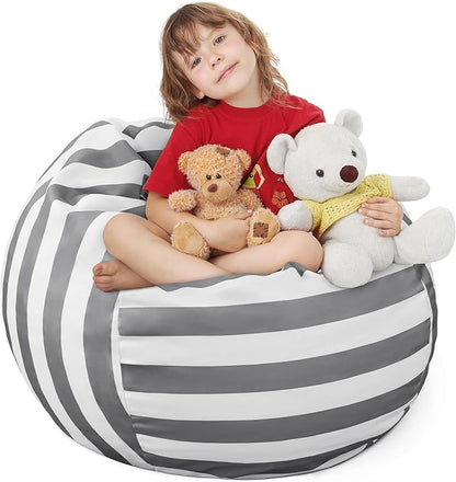 EXQ Home Kids Bean Bag Chairs Cover -Stuffed Animal Bean Bag Storage Grey and White Stripes-Zipper Bean Bag for Organizing Children Plush Toys Holiday Gift for Girl,Boys