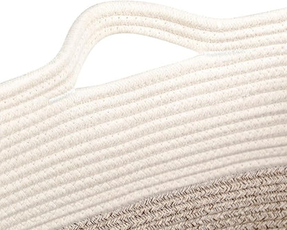Toy Storage Baskets for Clothes Fabric Cotton Rope Storage Basket with Handles, Decorative Woven Basket for Living Room,Closet Organizer Blankets, and Toys (White Brown 2bags)