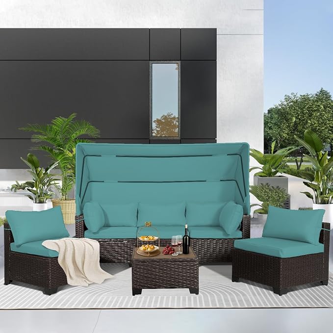 6 PCS Outdoor Patio Furniture Set,Sectional Sofa Set,Rattan Daybed with Retractable Canopy,Adjustable Backrest,Storage Coffee Table,Chaise Chair Sunbed for Garden Poolside Backyard(Walnut Green)