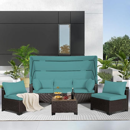 6 PCS Outdoor Patio Furniture Set,Sectional Sofa Set,Rattan Daybed with Retractable Canopy,Adjustable Backrest,Storage Coffee Table,Chaise Chair Sunbed for Garden Poolside Backyard(Walnut Green)