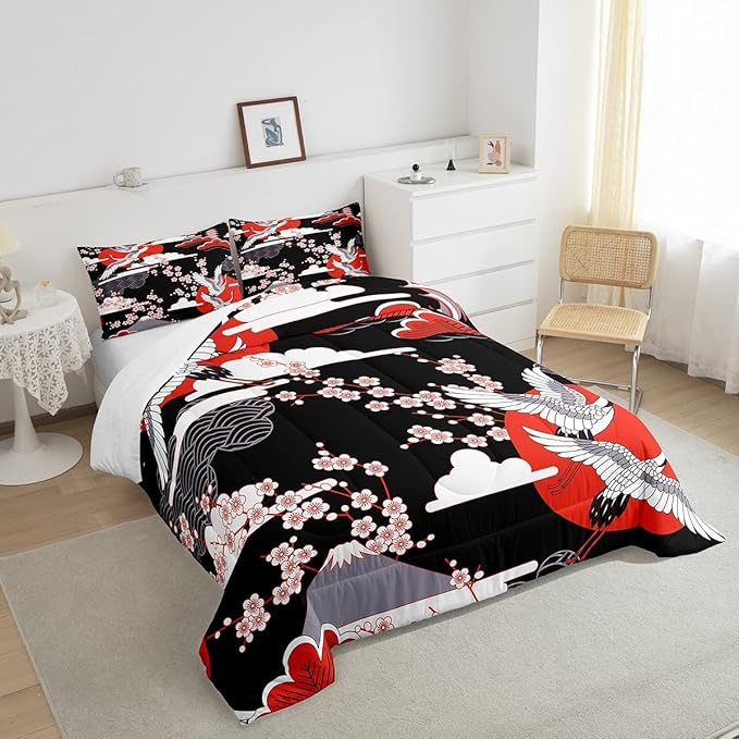 Japanese-Style Comforter Set Twin Size Crane Printed Cherry Blossoms Decor Down Comforter, for Adult Women Girls Teens Japanese Traditional Pattern Quilted Duvet Ukiyoe Theme Bedding Comforters