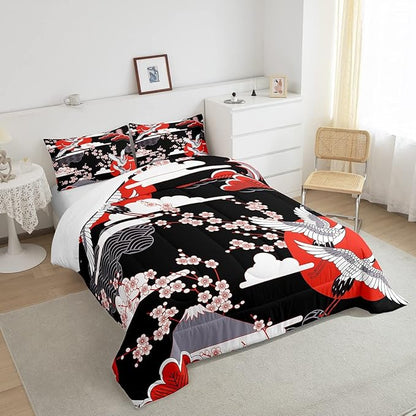 Japanese-Style Comforter Set Twin Size Crane Printed Cherry Blossoms Decor Down Comforter, for Adult Women Girls Teens Japanese Traditional Pattern Quilted Duvet Ukiyoe Theme Bedding Comforters