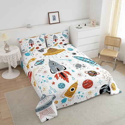 Erosebridal Outer Space Bedding Set King Size Kids Boys Space Ship Rocket Comforter Set Cartoon Universe Stars Planet Down Comforter Cosmos Meteorite Quilt Duvet Set with 2 Pillow Cases