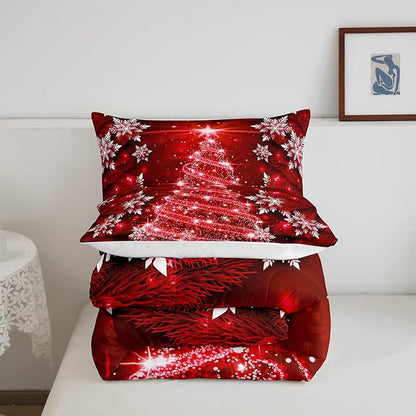 Feelyou Christmas Tree Comforter Set for Kids Boys Girls King Size Luxury Chic Xmas Bedding Set Glitter Snowflake Star Comforter Red Duvet Set Christmas Room Decor Quilt Boys