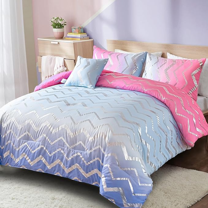 Girls Comforter Set Twin Size Ombre Pink Purple Bedding Rainbow Comforter for Kids Teen Women,3 Pieces (1 Comforter,1 Pillowcase,1 Decorative Pillow Sham)