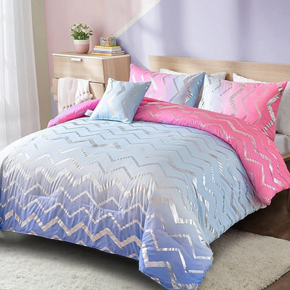 Girls Comforter Set Twin Size Ombre Pink Purple Bedding Rainbow Comforter for Kids Teen Women,3 Pieces (1 Comforter,1 Pillowcase,1 Decorative Pillow Sham)